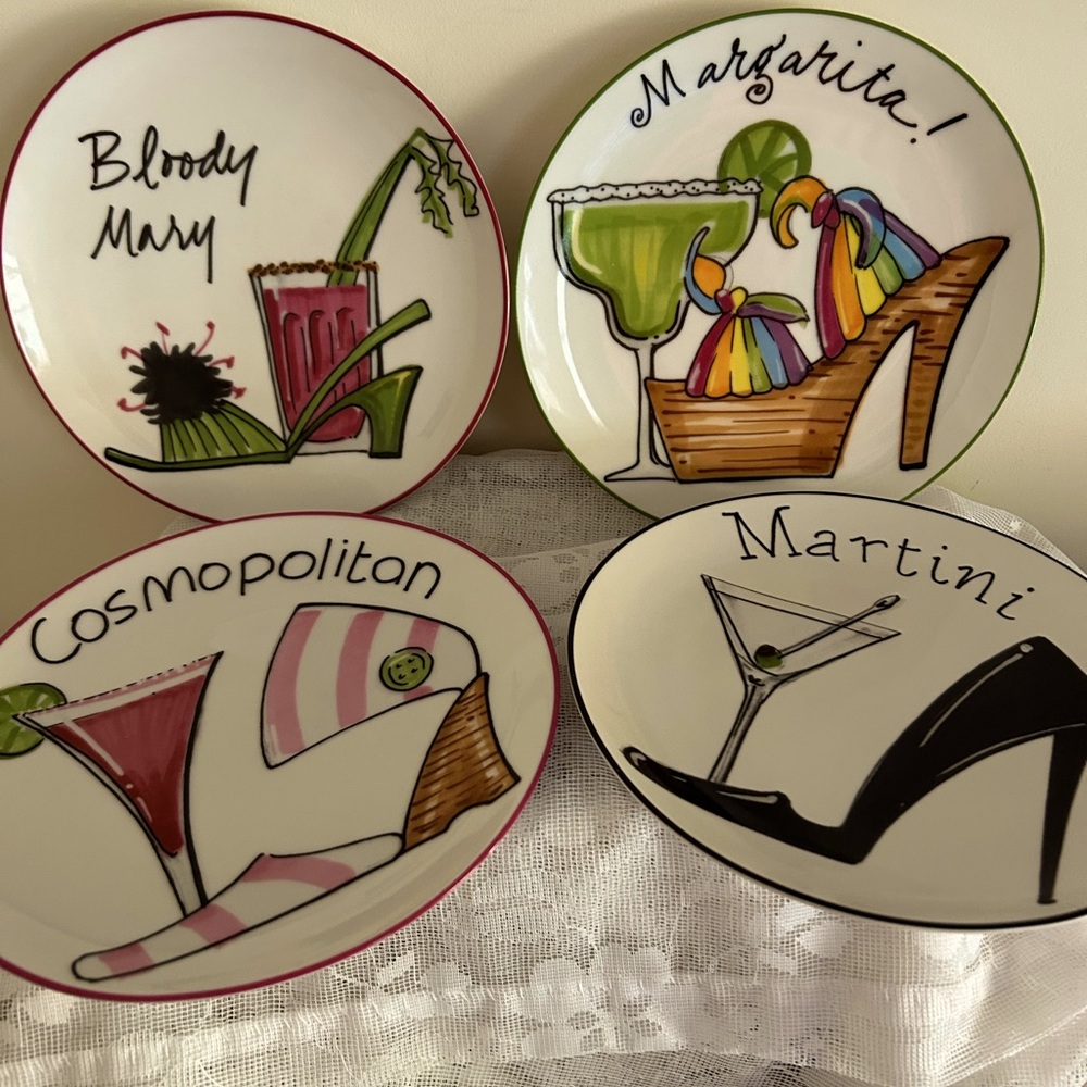 “The Cellar” 4 piece 7.5 inch appetizer plate set.  Party drink themed!